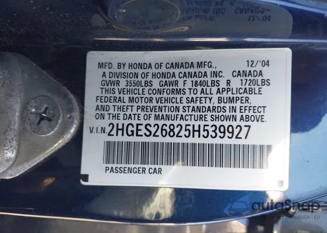 2005 Honda Civic Ex from USA, damaged, VIN 2HGES26825H539927